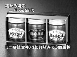 40ｇミニビン詰３本詰合用 化粧箱｜箱から選ぶ freeGift・塩うにや粒うに、数の子うに、くらげうに、のり佃煮の40ｇ瓶を3本選択の画像