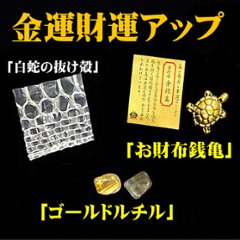 金運財運アップ 「お財布銭亀」 「白蛇の抜け殻」 ｢ゴールドルチルさざれ石」　お任せセットの画像