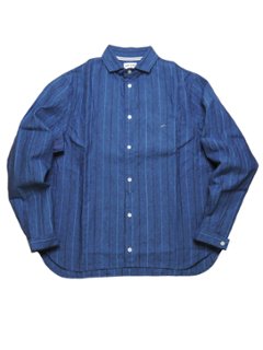 インデイゴリネンストライプラウンドカラーシャツ　（MADE IN JAPAN)の画像