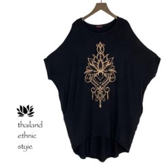 ロータス　蓮プリント　チュニック　スパンデックス　伸縮性あり　ロングTシャツの画像