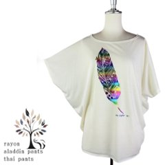 Tシャツ　ドルマン袖　夏　薄手　涼しい　ラメプリント　羽根柄の画像