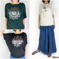 Tシャツ　ドルマン袖　夏　薄手　涼しい　ラメプリント　羽根柄画像