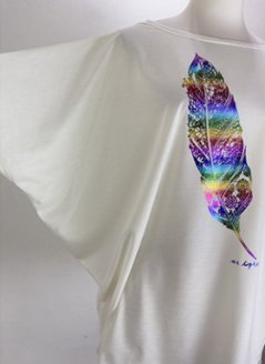 Tシャツ　ドルマン袖　夏　薄手　涼しい　ラメプリント　羽根柄画像