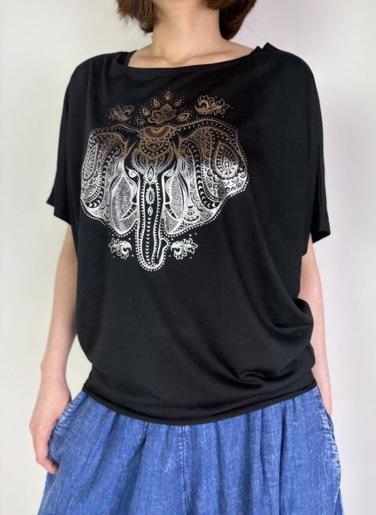 Tシャツ　ドルマン袖　夏　薄手　涼しい　ラメプリント　象柄画像
