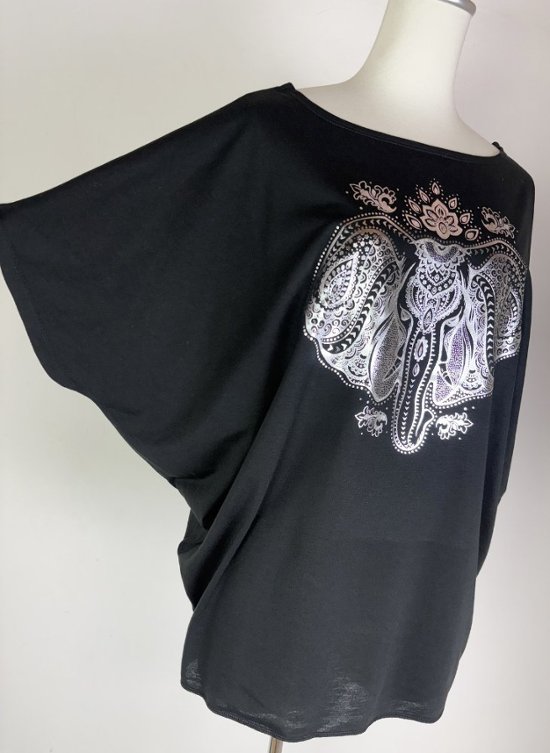 Tシャツ　ドルマン袖　夏　薄手　涼しい　ラメプリント　象柄画像