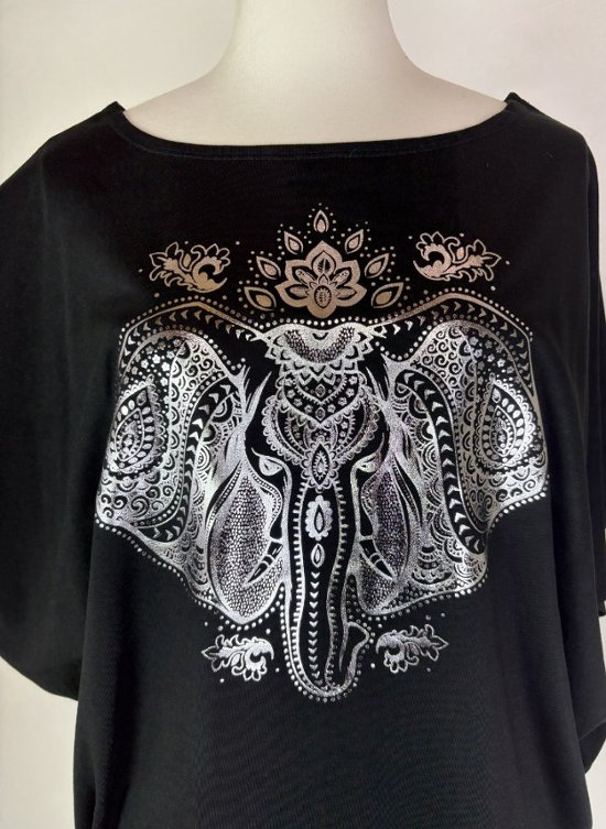 Tシャツ　ドルマン袖　夏　薄手　涼しい　ラメプリント　象柄画像