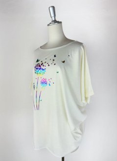 Tシャツ　ドルマン袖　夏　薄手　涼しい　ラメプリント　たんぽぽと蝶柄画像