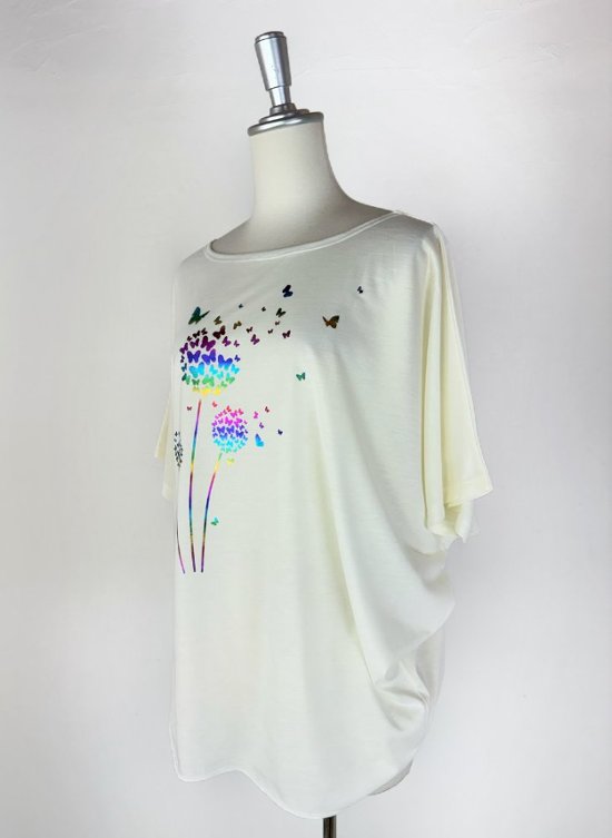 Tシャツ　ドルマン袖　夏　薄手　涼しい　ラメプリント　たんぽぽと蝶柄画像