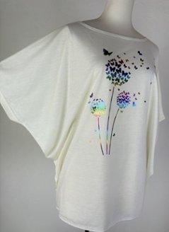 Tシャツ　ドルマン袖　夏　薄手　涼しい　ラメプリント　たんぽぽと蝶柄画像
