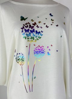 Tシャツ　ドルマン袖　夏　薄手　涼しい　ラメプリント　たんぽぽと蝶柄画像