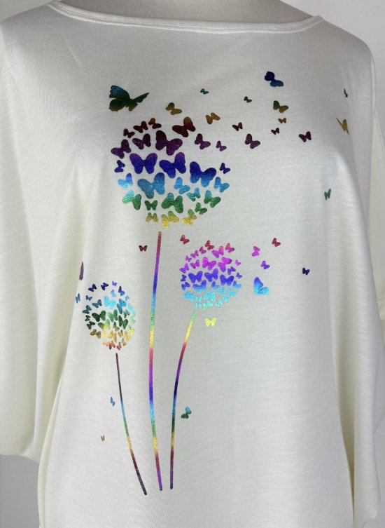 Tシャツ　ドルマン袖　夏　薄手　涼しい　ラメプリント　たんぽぽと蝶柄画像