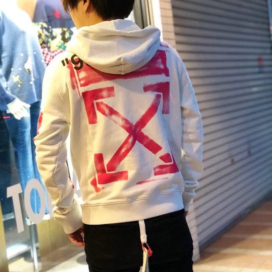 Off-White オフホワイト DIAG STENCIL SLIM HOODIE ホワイト ピンク プルオーバー 画像