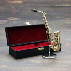 ミニチュア楽器 1/6スケール アルト サックス ゴールド 専用ケース＆スタンド付き の画像