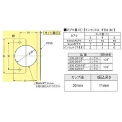 スガツネ ランプ ＬＡＭＰ ワンタッチスライド丁番 ３５カップ 半かぶせ キャッチなし　２３０－２６／９Ｔ＋２３０－Ｐ４Ｗ－３０Ｔ　３ツ穴座金ビスセット画像