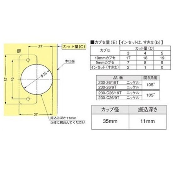 スガツネ ランプ ＬＡＭＰ ワンタッチスライド丁番 ３５カップ  全かぶせ キャッチなし ２３０－２６／１９Ｔ＋２３０－Ｐ４Ｗ－３０Ｔ　３ツ穴座金ビスセット画像