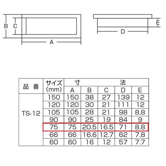 ツキエス　ＴＳ−１２　アンバー　平面長角戸引手　７５ｍｍ　（12個まで）画像