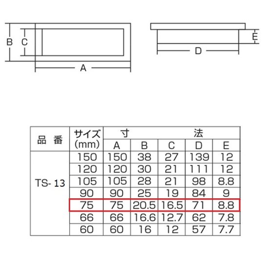 ツキエス　ＴＳ−１３　ＳＧ　平面長角戸引手　７５ｍｍ　（12個まで）画像