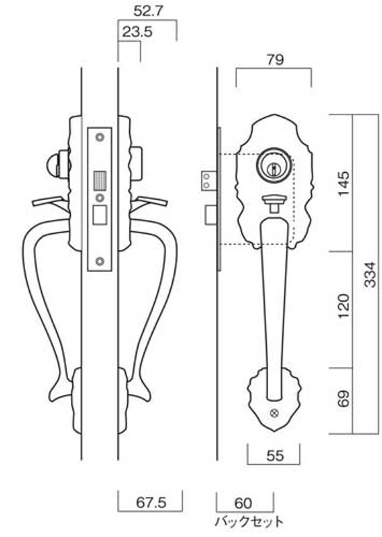 長沢製作所 古代 装飾玄関錠 コンテッサ Ｋ−２０１ 両面 サムラッチ錠 標準扉厚３５〜４５mm　２４０６６ＧＢ画像