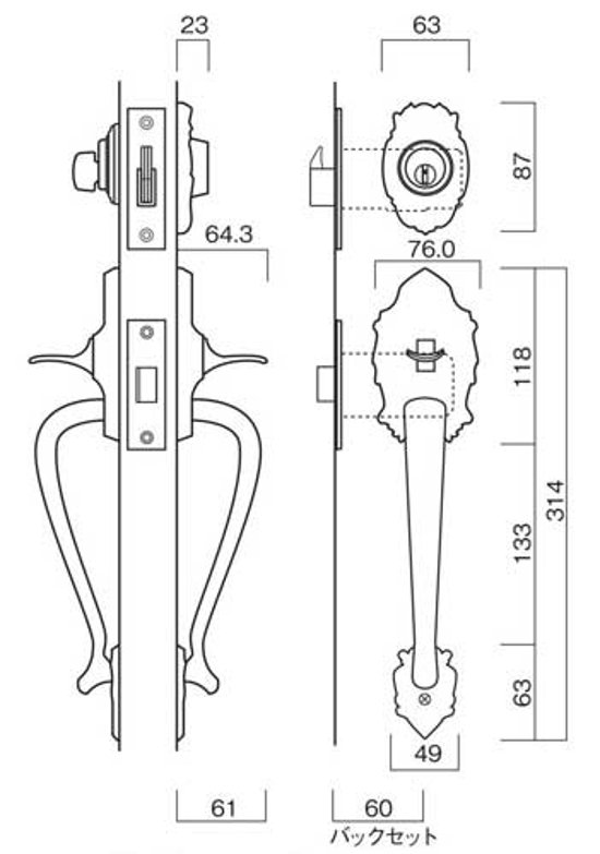 長沢製作所 古代 装飾玄関錠 ニュープレジデント ３０１ サムラッチ錠 標準扉厚３０〜４０mm　２３００６ＧＢ画像