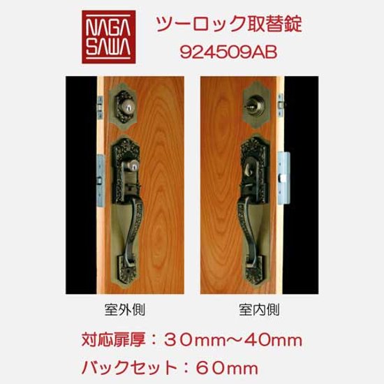 長沢製作所 古代 サムラッチ取替錠 ツーロック取替錠  ＡＢ色 バックセット６０ｍｍ 標準扉厚３０〜４０mm ９２４５０９ＡＢ画像