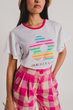 ホワイトTシャツ ストライプフラワー - アガタ・ルイス・デ・ラ・プラダ（CAMISETA BLANCA FLOR RAYAS COLORES - Agatha Ruiz de la Prada）の画像