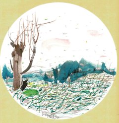 水墨画『リラックスして幸せ』（ダイム・リー作品）スクエア額付きの画像