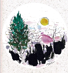 水墨画『朝の日差し』（ダイム・リー作品）スクエア額付きの画像