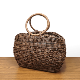 一点物｜あけび-かごバッグ｜たすき編み｜中サイズ｜四角底｜胴張り｜リング手の画像