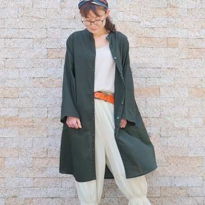 リネンシャツ＊モックネックワンピース＊夏の羽織としても◎シンプルデザイン＊Aラインシルエット＊7分袖＊d-dr002の画像