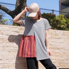 楊柳ストライプ×アシメギャザー＊ゆったりAラインデザイン＊カットソー＊Tシャツ＊チュニック＊d-tp520画像