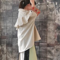 【再販売&Newカラー】雫モチーフ×オリエンタル柄／フラワー刺繍のお袖が目を引く＊バックフリルデザイン＊羽織としても◎ドルマンシルエット＊7分袖シャツ＊d-tp007画像