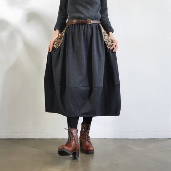 インド刺繍リボンのポケットが揺れる＊ふんわり大人可愛い＊ふんわり暖か裏起毛＊バルーンスカート＊ d-sk511画像