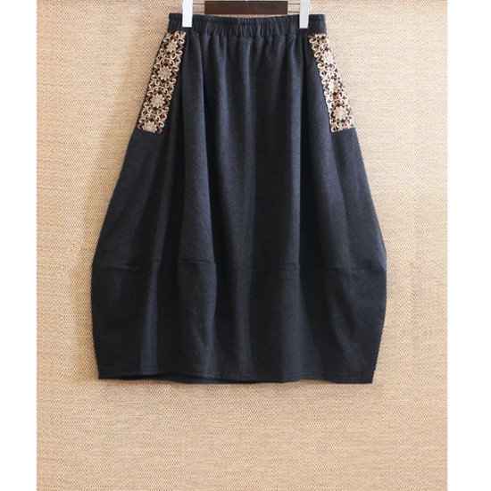 インド刺繍リボンのポケットが揺れる＊ふんわり大人可愛い＊ふんわり暖か裏起毛＊バルーンスカート＊ d-sk511画像