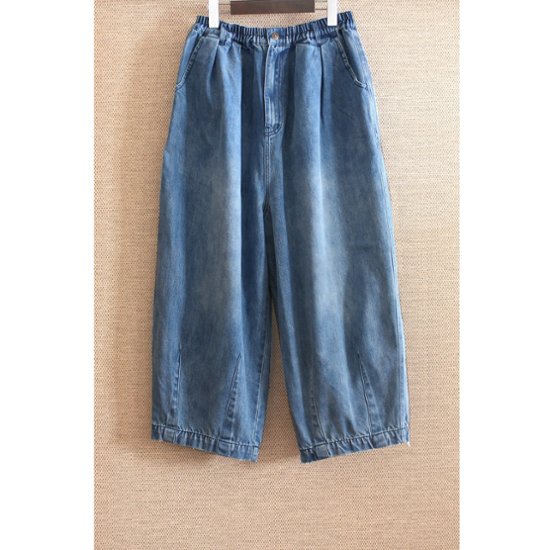 柔らかデニムのコクーンパンツ＊ゆるっと丸いシルエット＊ゆったり体型カバー＊ウォッシュドライトブルー＊着丈2展開＊d-pn3002画像