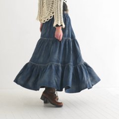 ふんわりと広がるティアードスカート＊やわらかデニム＊ゆったりシルエット＊ウォッシュドインディゴブルー＊着丈2展開＊ d-sk3003の画像