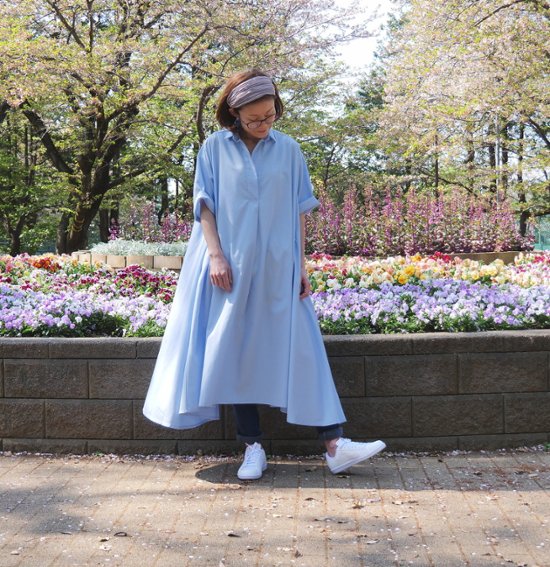 着丈2展開＊スキッパー襟＊こなれ感あるゆったりデザイン＊七分袖＊フレアワンピース＊無地＊d-dr2002画像