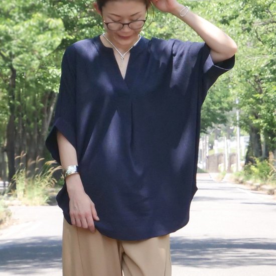 抜け感スキッパー襟＊軽やかドルマン＊楊柳風素材＊ゆったり体型カバー＊薄手ストレッチ＊ブラウス＊シャツ＊d-tp3015画像