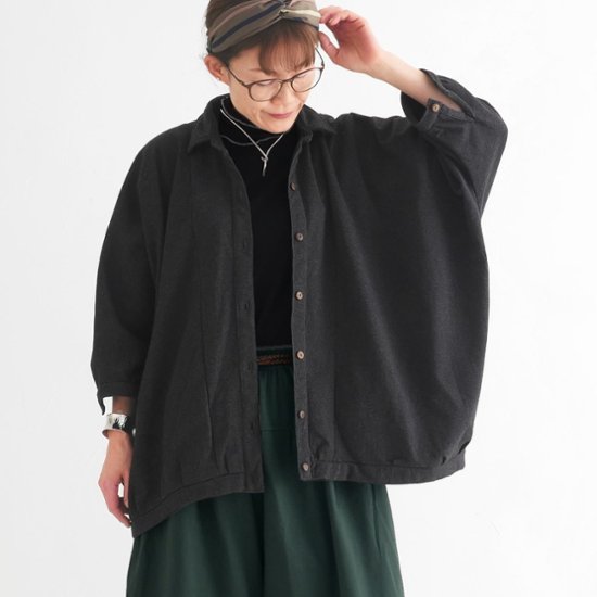 ビッグシルエット＊裏面起毛＊7分袖＊ゆったりシャツジャケット＊ドルマン風＊綿素材＊d-tp503-w画像