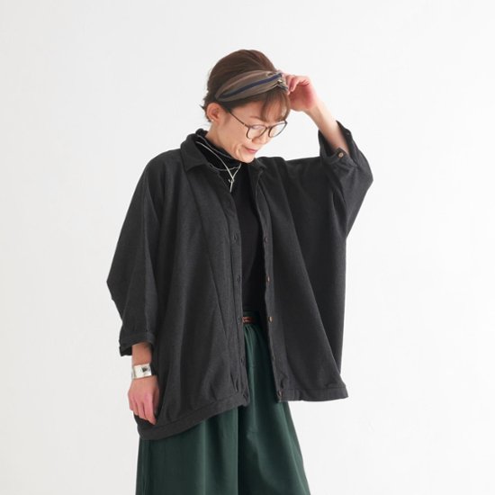 ビッグシルエット＊裏面起毛＊7分袖＊ゆったりシャツジャケット＊ドルマン風＊綿素材＊d-tp503-w画像