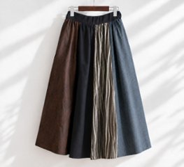 個性的な柄切り替え＊パッチワーク風ロングスカート＊綿100％＊裏地付き＊ウエストゴム画像