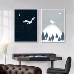 【送料無料】winter night×冬の夜シンプルイラストアート×鹿×フクロウ×月×夜×雪×自然×キャンバスアート×アートポスター【1~3営業日で出荷・国内配送】[f766]画像