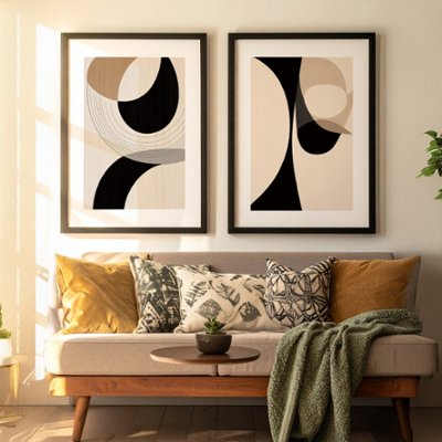 【送料無料】『Intersection』ベージュ×ブラック抽象デザイン×キャンバスアート×アートポスター【1~3営業日で出荷・国内配送】[f883]の画像