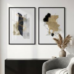 【国内配送・送料無料】ホテルライク×ゴールドライン×ブルーグレー×抽象・ニュアンス×キャンバスアート×アートポスター【1~3営業日で出荷】[f886]の画像