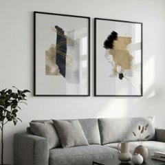 【国内配送・送料無料】ホテルライク×ゴールドライン×ブルーグレー×抽象・ニュアンス×キャンバスアート×アートポスター【1~3営業日で出荷】[f886]画像