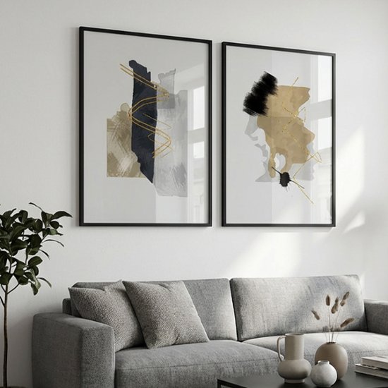 【国内配送・送料無料】ホテルライク×ゴールドライン×ブルーグレー×抽象・ニュアンス×キャンバスアート×アートポスター【1~3営業日で出荷】[f886]画像