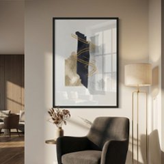 【国内配送・送料無料】ホテルライク×ゴールドライン×ブルーグレー×抽象・ニュアンス×キャンバスアート×アートポスター【1~3営業日で出荷】[f886]画像