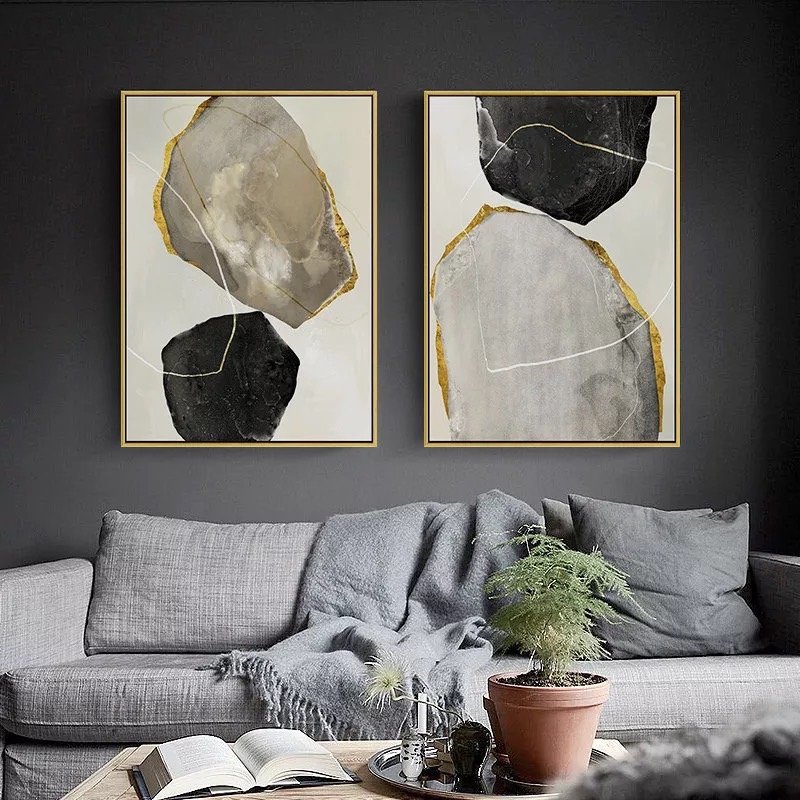 送料無料】抽象画×グレーブラックゴールド×石ストーン×現代アート×近代