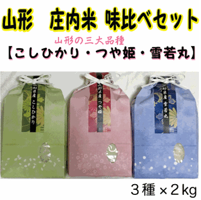 新商品《送料無料》山形県産つや姫・コシヒカリ・雪若丸　各２kg 三種食べ比べ　味比べ　セット　お米ギフト　庄内産　お中元　お歳暮　贈り物　贈答　挨拶　お祝い　内祝いの画像