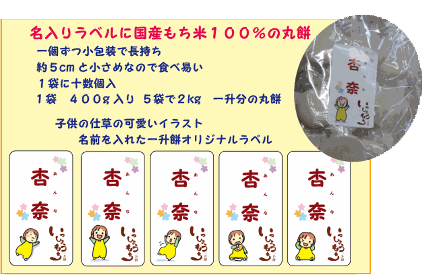 一升餅・背負い餅・一生餅　セット　名前ラベル　山形県産こゆきもち　 ナップサック付き　リュック　個包装小分け丸もち400g×5袋　名入れ画像