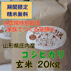 特別栽培米山形県庄内産コシヒカリ　玄米２０kg 家族みんなでつくる笑顔米　当店単独検査【送料無料（沖縄を除く）】の画像